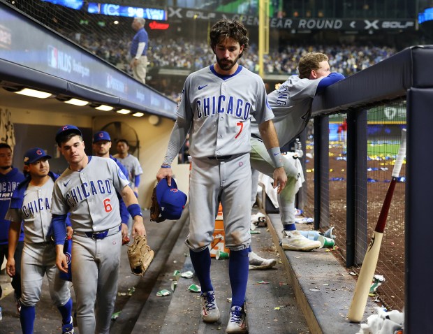 Chicago Cubs players Matt Shaw (6), Dansby Swanson (7), and...