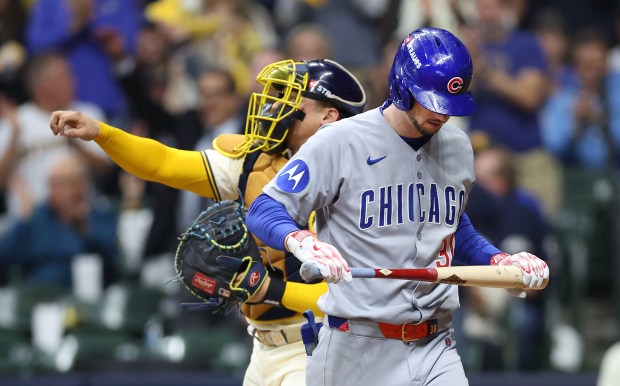 Cubs designated hitter Kyle Tucker walks to the dugout after striking out in the sixth inning of Game 5 of the NL Division Series against the Brewers on Oct. 11, 2025, at American Family Field in Milwaukee. (Chris Sweda/Chicago Tribune)