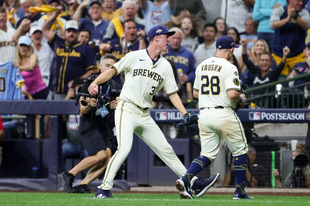 Milwaukee Brewers pitcher Jacob Misiorowski (32) celebrates after getting the...