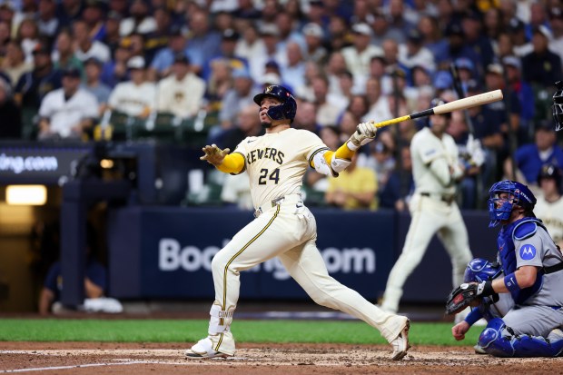 Milwaukee Brewers catcher William Contreras (24) hits a solo-homer during...