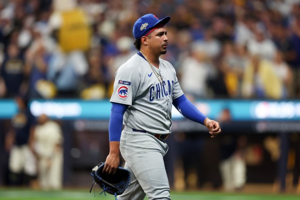 Chicago Cubs pitcher Daniel Palencia (48) walks to the dugout after being taken out during the fourth inning against the Milwaukee Brewers in Game 2 of the NL Division Series Monday Oct. 6, 2025, in Milwaukee. (Armando L. Sanchez/Chicago Tribune)