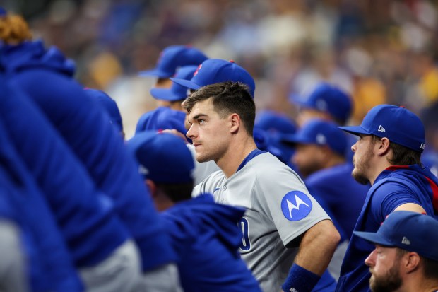 Cubs' Matt Shaw stands in the dugout during the ninth inning against the Brewers in Game 2 of the NL Division Series on Oct. 6, 2025, in Milwaukee. (Armando L. Sanchez/Chicago Tribune)