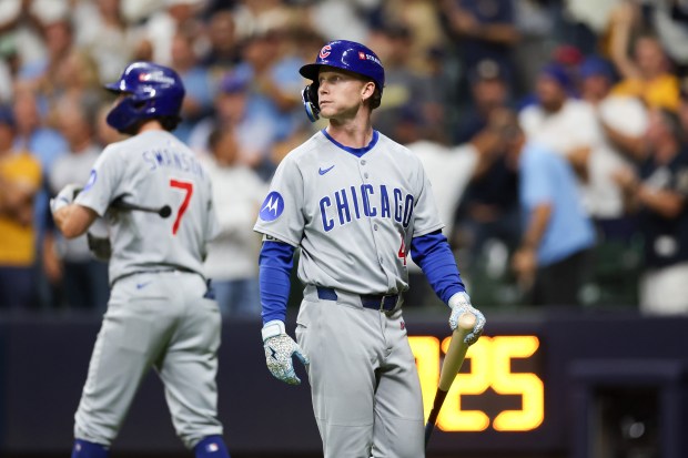 Chicago Cubs outfielder Pete Crow-Armstrong (4) walks to the dugout after striking out during the ninth inning against the Milwaukee Brewers in Game 2 of the NL Division Series Monday Oct. 6, 2025, in Milwaukee. (Armando L. Sanchez/Chicago Tribune)