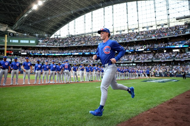Chicago Cubs center fielder Pete Crow-Armstrong is introduced before the...