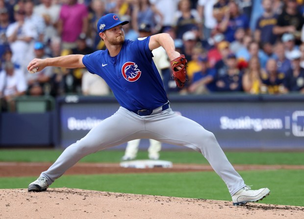 Chicago Cubs relief pitcher Michael Soroka delivers to the Milwaukee...