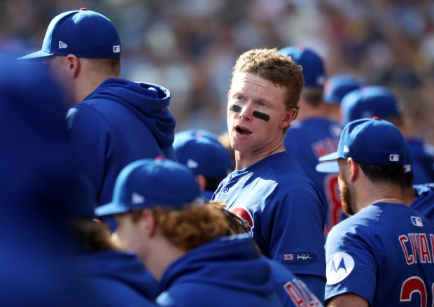 Chicago Cubs center fielder Pete Crow-Armstrong looks out of the...