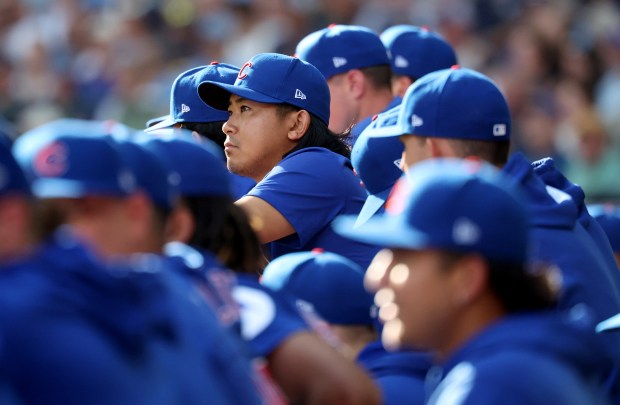 Chicago Cubs pitcher Shota Imanaga looks out from the dugout in the eighth inning of the NL Division Series Game 1 against the Milwaukee Brewers at American Family Field in Milwaukee on Oct. 4, 2025. (Chris Sweda/Chicago Tribune)