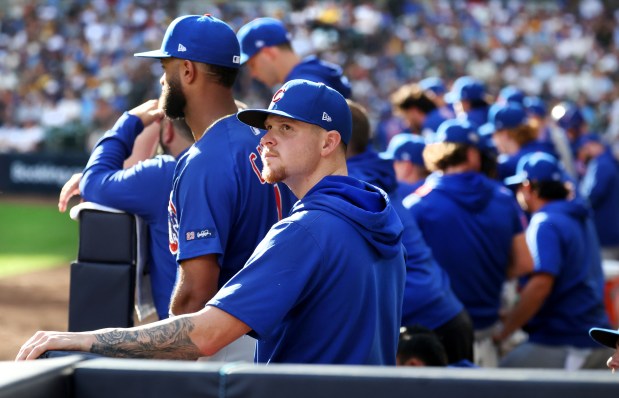 Chicago Cubs pitcher Cade Horton hangs out at the end of the dugout during the NL Division Series Game 1 against the Milwaukee Brewers at American Family Field in Milwaukee on Oct. 4, 2025. (Chris Sweda/Chicago Tribune)