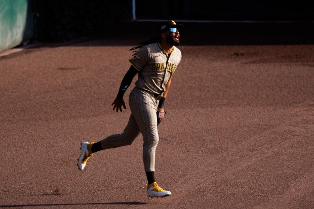 San Diego Padres outfielder Fernando Tatis Jr. (23) celebrates after...