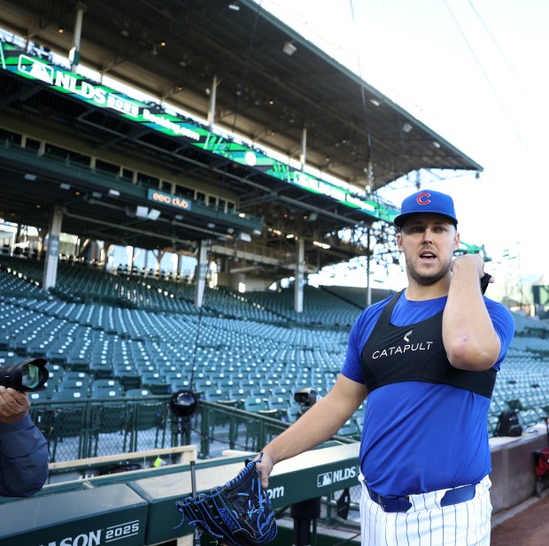 Cubs pitcher Jameson Taillon walks on the field during a workout at Wrigley Field on Tuesday, Oct. 7, 2025, ahead of Game 3 of the NL Division Series against the Brewers. (Chris Sweda/Chicago Tribune)