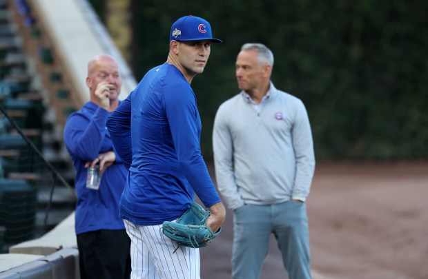 Cubs pitcher Matthew Boyd participates in a team workout at Wrigley Field on Oct. 7, 2025, ahead of Wednesday's Game 3 of the NL Division Series against the Brewers. (Chris Sweda/Chicago Tribune)