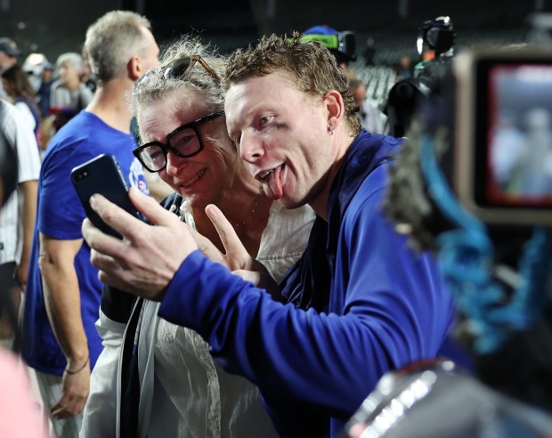 Cubs center fielder Pete Crow-Armstrong celebrates after the Cubs NL...