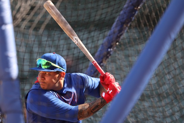 Cubs designated hitter Moisés Ballesteros takes batting practice ahead of Game 3 of the wild-card series against the San Diego Padres at Wrigley Field on Oct. 2, 2025. (Chris Sweda/Chicago Tribune)