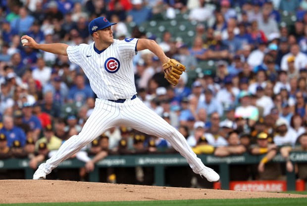 Cubs starting pitcher Jameson Taillon delivers to the Padres in the first inning of Game 3 of the wild-card series at Wrigley Field in Chicago on Oct. 2, 2025. (Chris Sweda/Chicago Tribune)