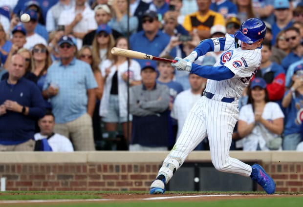 Cubs center fielder Pete Crow-Armstrong drives in a run on...