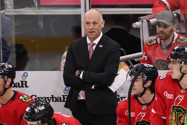 Blackhawks coach Jeff Blashill watches the action during the third period against the Canadiens on Oct. 11, 2025, at the United Center. (Geoff Stellfox/Getty Images)