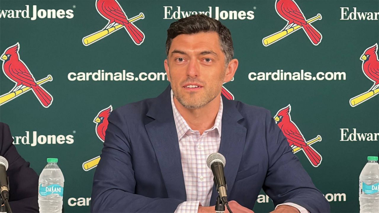 Chaim Bloom, the new St. Louis Cardinal president of baseball operations, answers questions during a news conference at Busch Stadium on Sept. 30, 2025. (Spectrum News/Gregg Palermo)