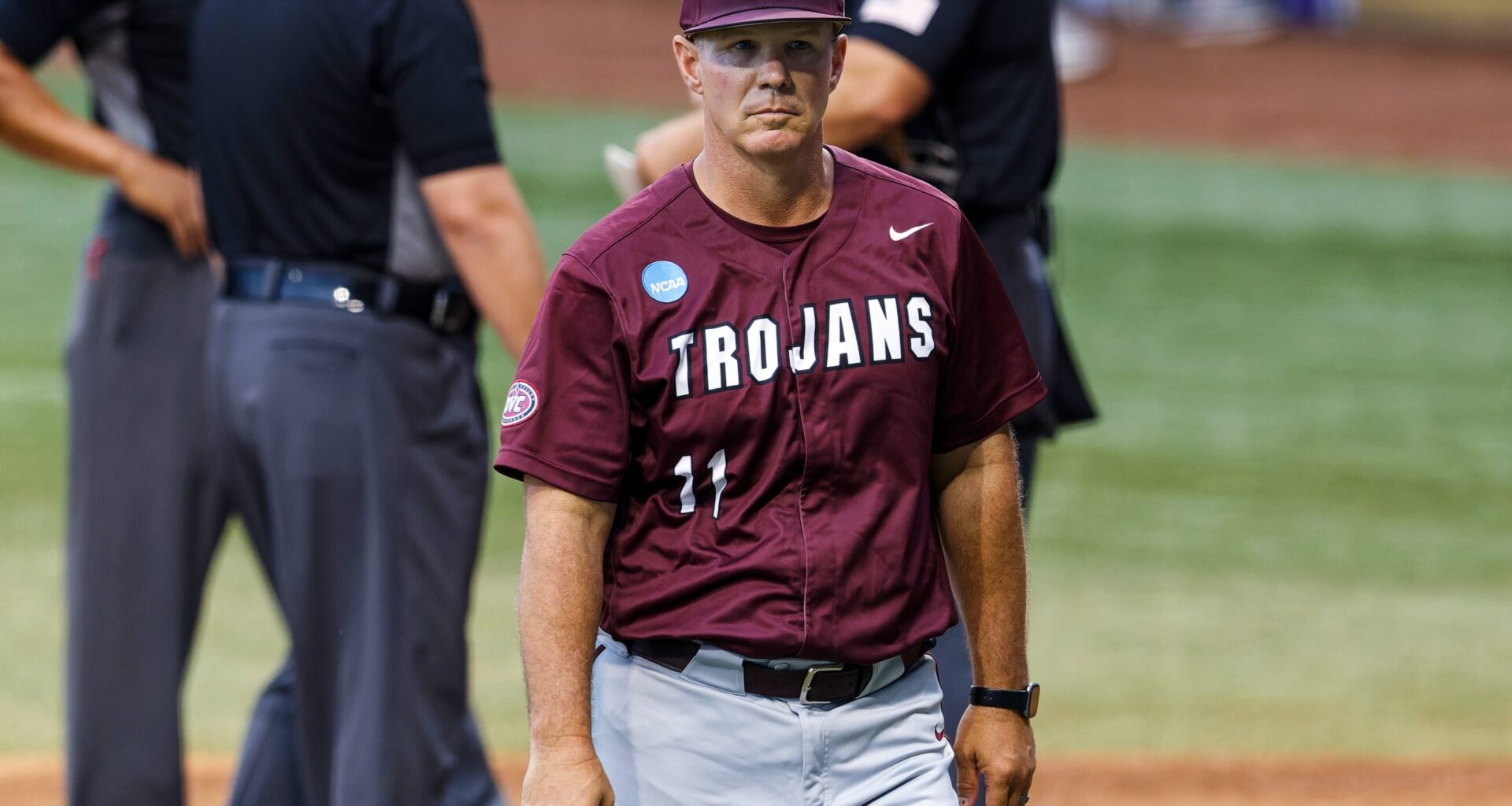 Chris Curry (11) head coach Little Rock Trojans vs LSU Tigers in game 1 of the Baton Rouge Regional at Alex Box Stadium in Baton Rouge, Louisiana on Friday, May 30, 2025 (Photo by Eddie Kelly/ ProLook Photos)