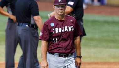 Chris Curry (11) head coach Little Rock Trojans vs LSU Tigers in game 1 of the Baton Rouge Regional at Alex Box Stadium in Baton Rouge, Louisiana on Friday, May 30, 2025 (Photo by Eddie Kelly/ ProLook Photos)