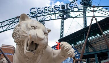 Photo of the Detroit Tigers statue at Comerica Park.