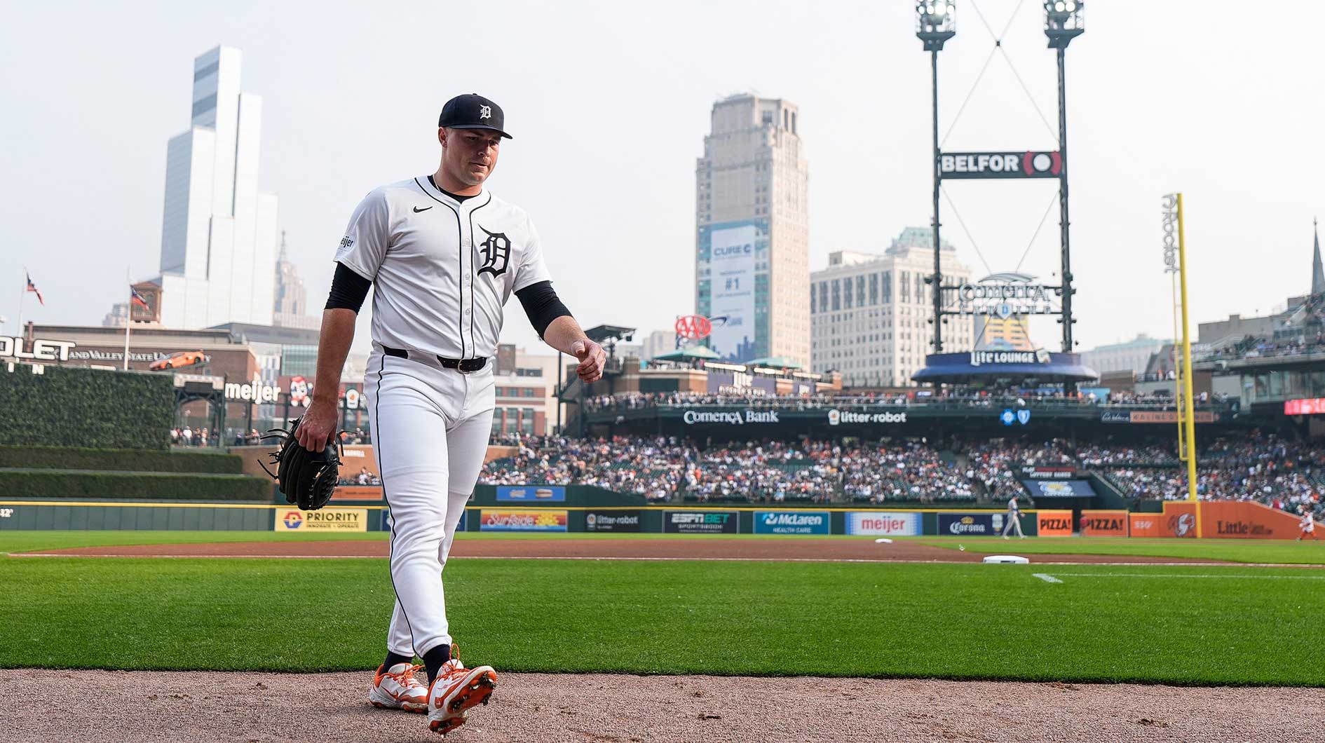 Detroit Tigers pitcher Tarik Skubal (29) walks off the field before the beginning of the game against Chicago Cubs at Comerica Park in Detroit on Friday, June 6, 2025.