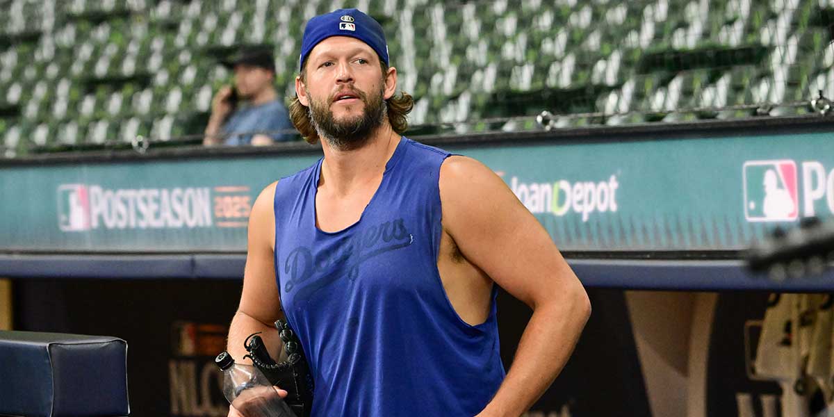 Los Angeles Dodgers pitcher Clayton Kershaw (22) looks on during batting practice prior to game two of the NLCS round against the Milwaukee Brewers for the 2025 MLB playoffs at American Family Field.
