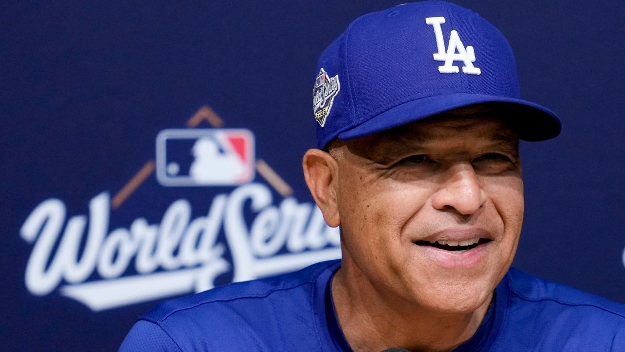 Los Angeles Dodgers manager Dave Roberts speaks prior to Game 4 of baseball's World Series against the Toronto Blue Jays, Tuesday, Oct. 28, 2025, in Los Angeles. (AP Photo/Ashley Landis)