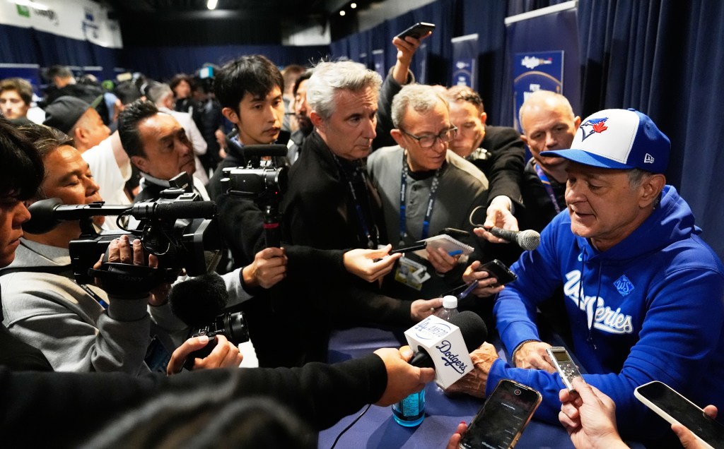 Blue Jays bench coach Don Mattlingly talks with the assembled media on Oct. 23, 2025 in Toronto in preparation for Game 1 of the World Series which begins Friday.
