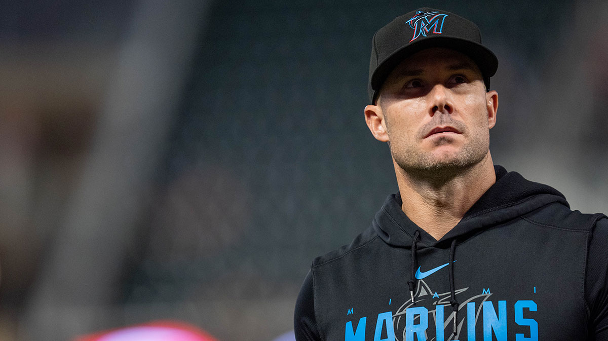 Miami Marlins manager Skip Schumaker (45) walks back to the dugout in the seventh inning at Target Field.