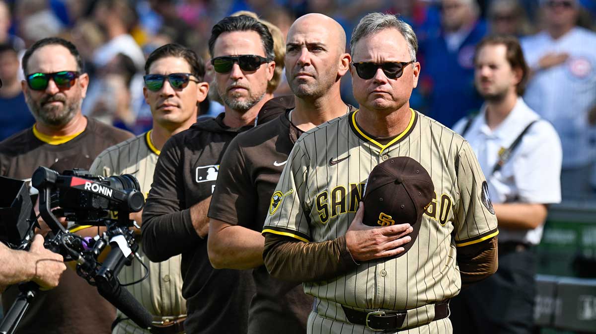 San Diego Padres manager Mike Shildt (8) stands during the National Anthem prior to the game against the Chicago Cubs during game two of the Wildcard round for the 2025 MLB playoffs at Wrigley Field.