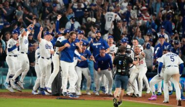 The Dodgers celebrate after Freddie Freeman's walk-off home run decided Game 3 of the World Series.