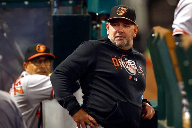 Baltimore Orioles manager Brandon Hyde watches from the dugout during the sixth inning of their game against the Angels on Wednesday night at Angel Stadium. (Photo by Ronald Martinez/Getty Images)