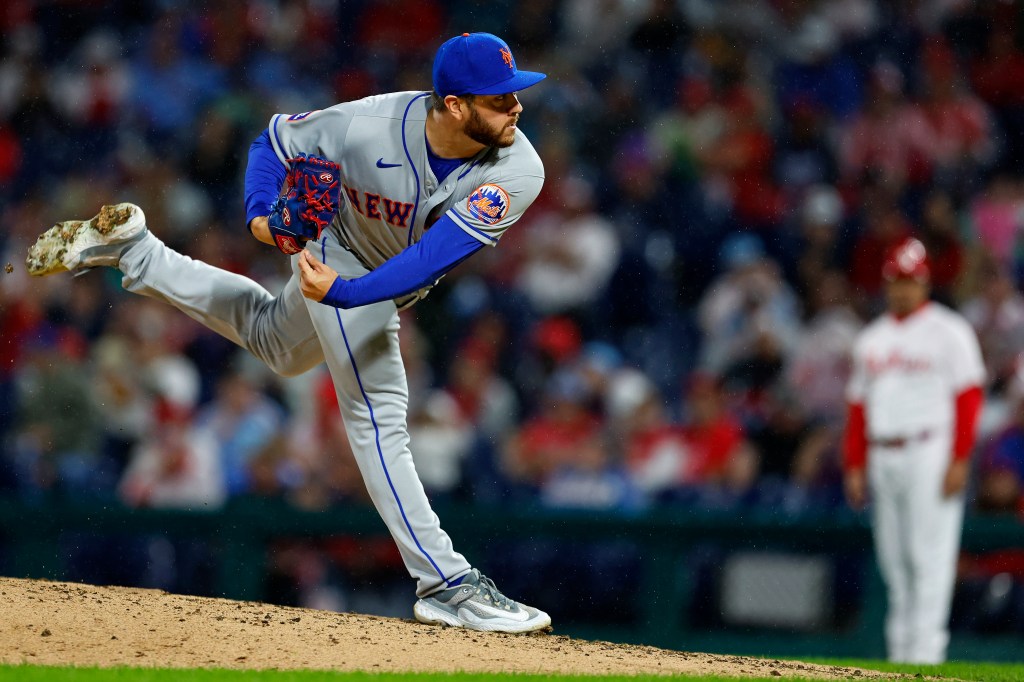 Anthony Kay #64 of the New York Mets in action against the Philadelphia Phillies during a game at Citizens Bank Park on September 24, 2023 in Philadelphia, Pennsylvania. 