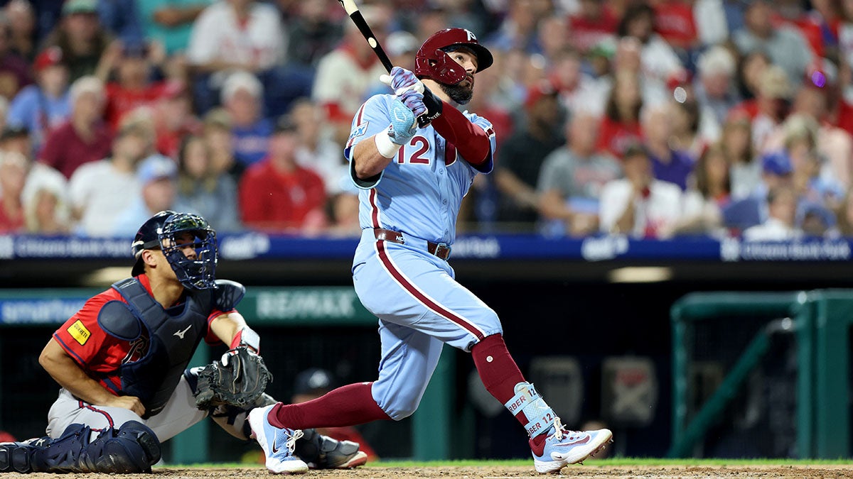 Kyle Schwarber #12 of the Philadelphia Phillies hits a two-run home run against the Atlanta Braves. (Emilee Chinn/Getty Images)