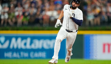Detroit Tigers outfielder Riley Greene runs the bases during a game against the Cleveland Guardians in September 2025.