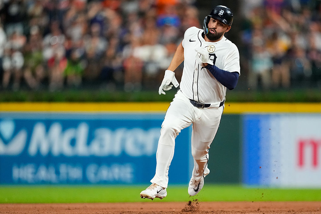 Detroit Tigers outfielder Riley Greene runs the bases during a game against the Cleveland Guardians in September 2025.