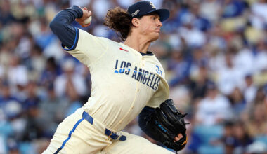 LOS ANGELES, CALIFORNIA - SEPTEMBER 20: Starting pitcher Tyler Glasnow #31 of the Los Angeles Dodgers delivers against the San Francisco Giants during the first inning at Dodger Stadium on September 20, 2025 in Los Angeles, California. (Photo by Kevork Djansezian/Getty Images)