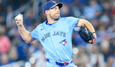 TORONTO, ON - SEPTEMBER 24: Toronto Blue Jays Starting Pitcher Max Scherzer (31) throws a pitch during the MLB regular season game between the Boston Red Sox and the Toronto Blue Jays on September 24, 2025, at Rogers Centre in Toronto, ON, Canada.