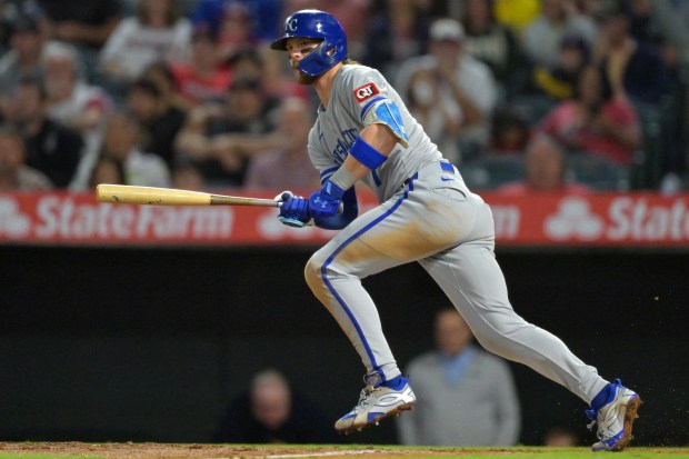 The Kansas City Royals’ Bobby Witt Jr. hits an RBI...
