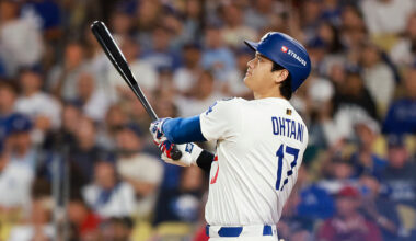 Shohei Ohtani of the Los Angeles Dodgers at bat during the MLB Wild Card Series against the Cincinnati Reds, featured in Reds vs. Dodgers parlay betting previews.