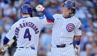 Chicago Cubs players celebrate during the MLB Wild Card Series vs. the San Diego Padres, featured in Game 2 parlay picks.