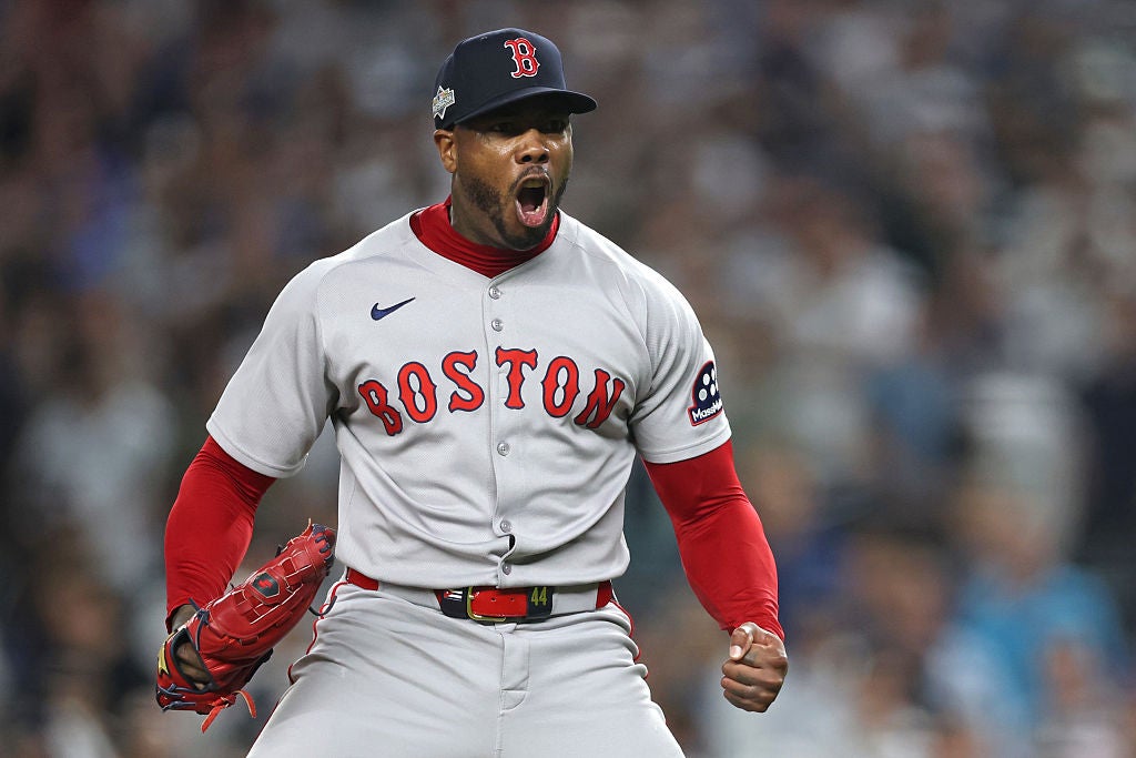 NEW YORK, NEW YORK - SEPTEMBER 30: Aroldis Chapman #44 of the Boston Red Sox reacts after striking out Trent Grisham #12 of the New York Yankees (not pictured) to end game one of the American League Wild Card Series at Yankee Stadium on September 30, 2025 in the Bronx borough of New York City.  (Photo by Ishika Samant/Getty Images)