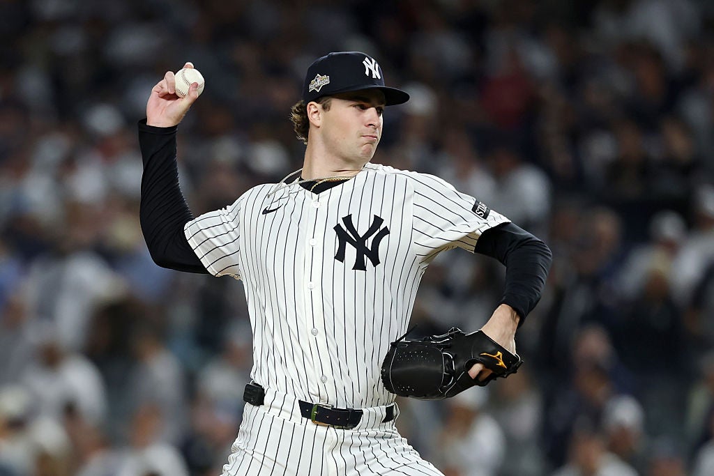 Cam Schlittler #31 of the New York Yankees pitches against the Boston Red Sox in Game 3 of the American League Wild Card Series at Yankee Stadium. (Photo by Al Bello/Getty Images)