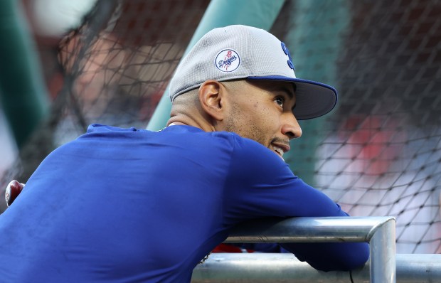 Dodgers shortstop Mookie Betts looks on before playing the Philadelphia...