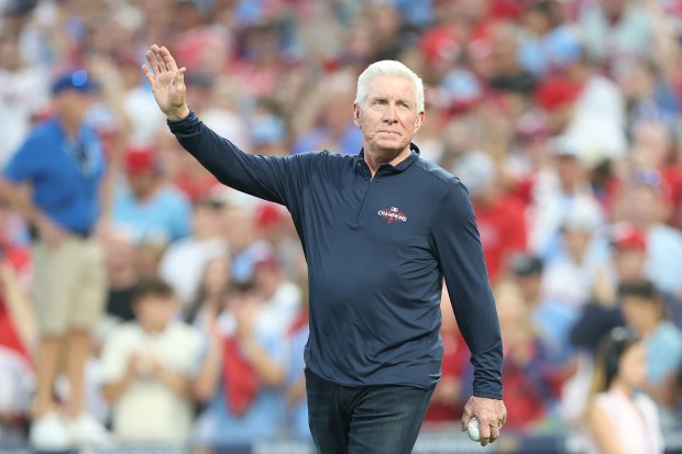 Philadelphia Phillies legend Mike Schmidt acknowledges the fans from the...