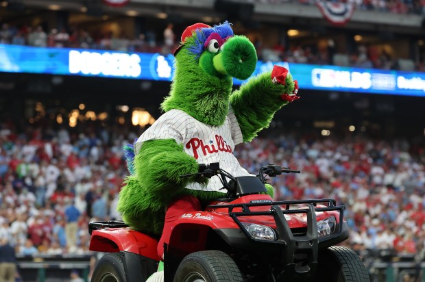 The Phillie Phanatic is seen before the Dodgers take on...