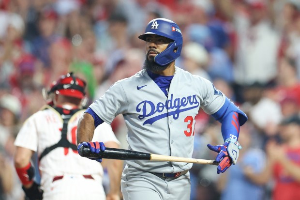 The Dodgers’ Teoscar Hernandez looks on after striking out in...