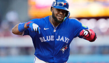 TORONTO, ONTARIO - OCTOBER 05: Vladimir Guerrero Jr. #27 of the Toronto Blue Jays celebrates after a grand slam during the fourth inning in game two of the American League Division Series against the New York Yankees at Rogers Centre on October 05, 2025 in Toronto, Ontario. (Photo by Mark Blinch/Getty Images)