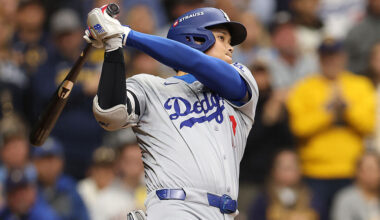 MILWAUKEE, WISCONSIN - OCTOBER 14: Shohei Ohtani #17 of the Los Angeles Dodgers lines out during the second inning against the Milwaukee Brewers in game two of the National League Championship Series at American Family Field on October 14, 2025 in Milwaukee, Wisconsin.