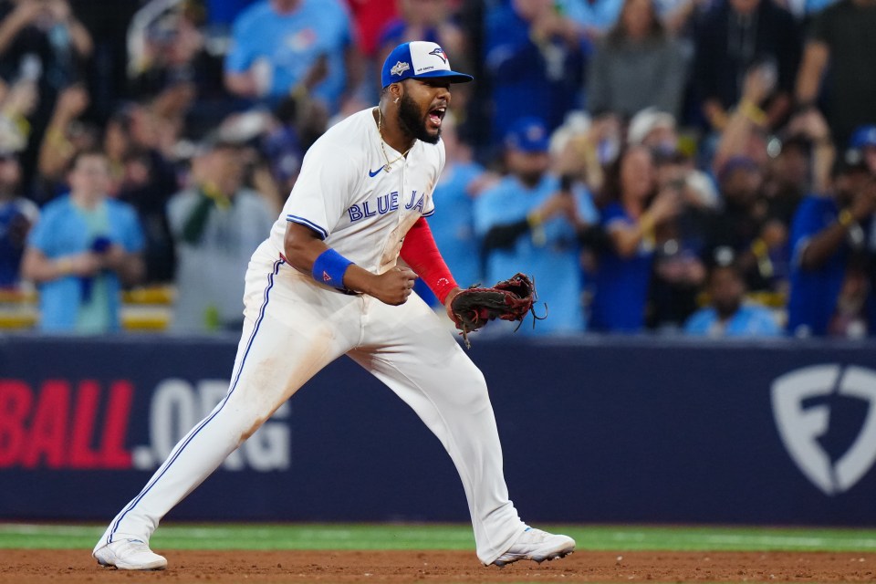 Vladimir Guerrero Jr. celebrates after winning Game Seven of the American League Championship Series
